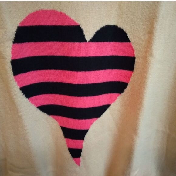 LISA TODD CASHMERE BLEND STRIPED HEART BARBIE PINK + TAN KNIT SWEATER OVERSIZED - Picture 6 of 8